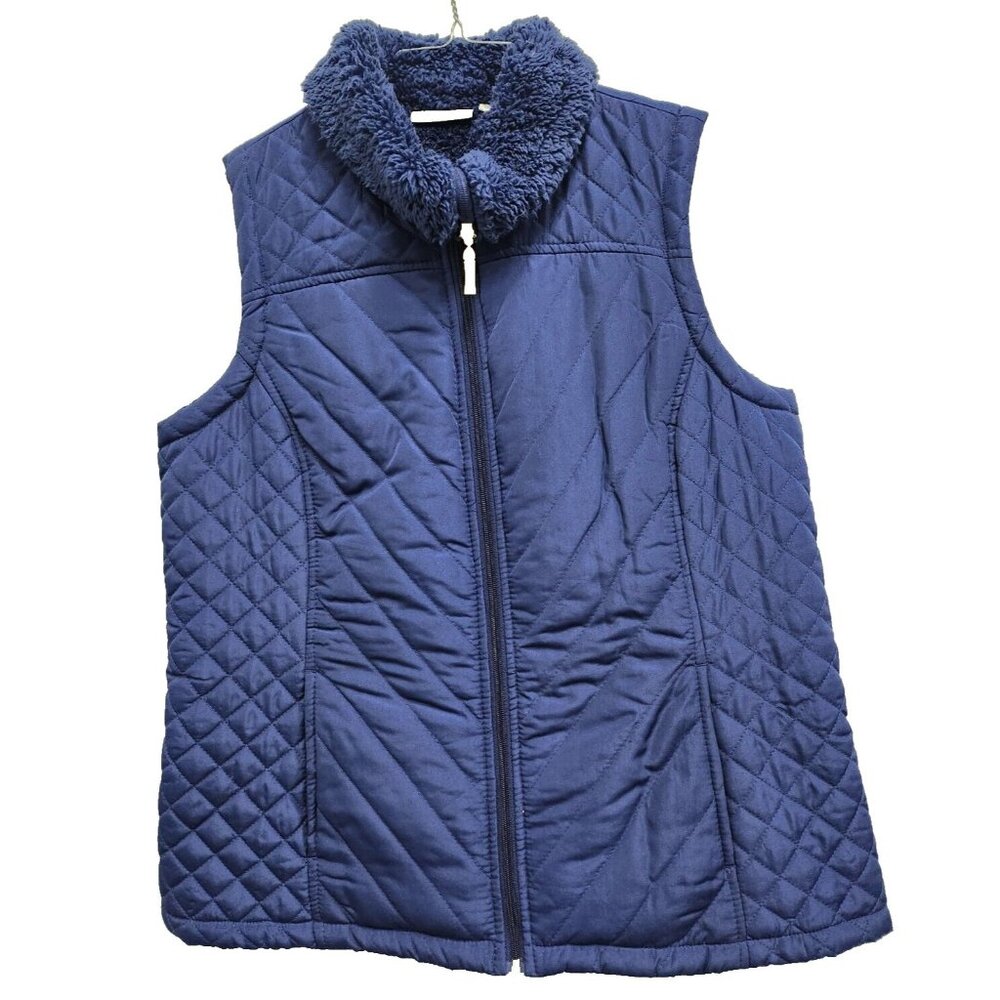 D&Co Womens Vest Medium Navy Full Zip Quilted Shearling Faux Fur Lined Outdoor